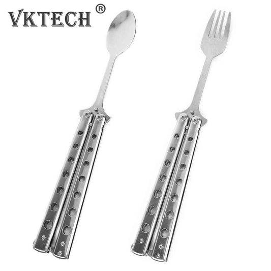 Butterfly Knife Folding Spoon Fork Balisong Training Spoon Fork Butterfly Knife Trainer Outdoor Camping Tableware Kitchen Tool