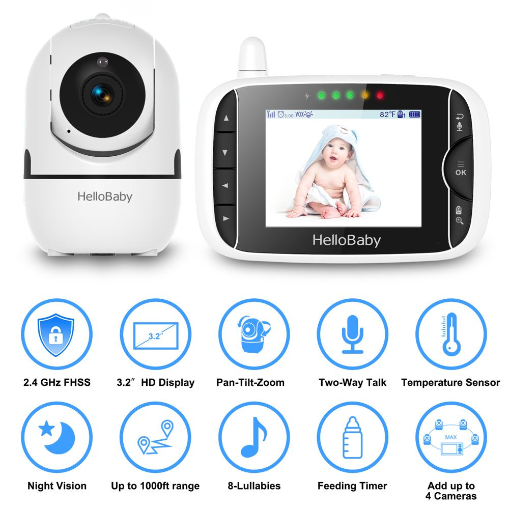 Baby Monitor with Remote Pan-Tilt-Zoom Camera, 3.2 Inch Video Baby Monitor HB65 with Camera and Audio, Night Vision, 2-Way Talk,Temperature Sensor, 960Ft Range