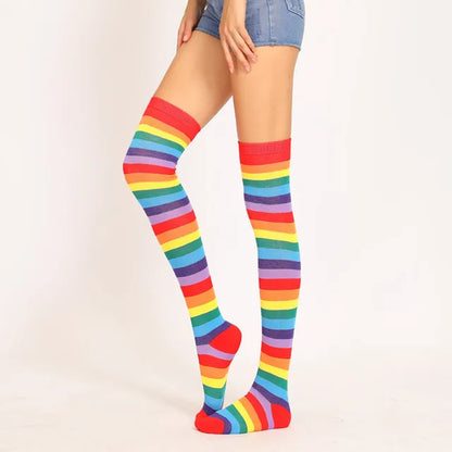 1 Pair Rainbow Striped Christmas over the Knee High Socks Colorful Sexy Night Dance Street Personality Thigh Long Tube Stocking