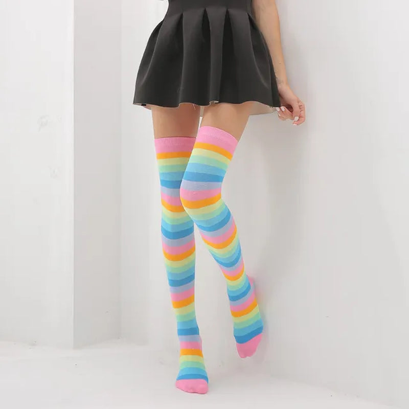 1 Pair Rainbow Striped Christmas over the Knee High Socks Colorful Sexy Night Dance Street Personality Thigh Long Tube Stocking