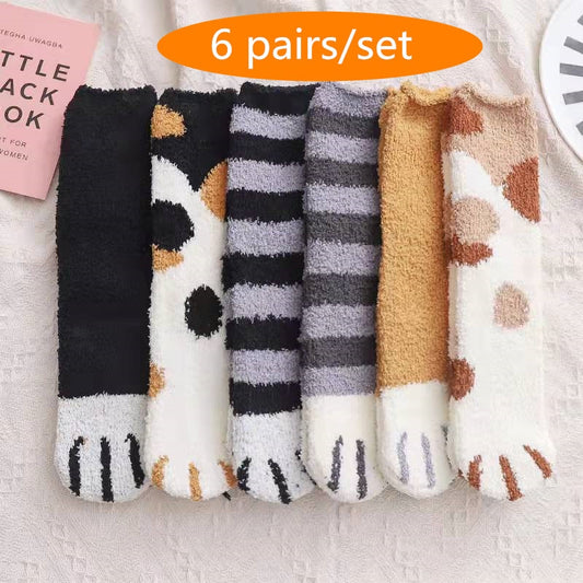 6 Pairs Winter Woman Socks Kawaii Cartoon Cute 3D Dog Cat Paw Pattern Female Fleece Warm Home Floor Sleeping Snowfield Thick