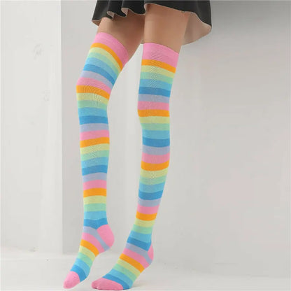 1 Pair Rainbow Striped Christmas over the Knee High Socks Colorful Sexy Night Dance Street Personality Thigh Long Tube Stocking